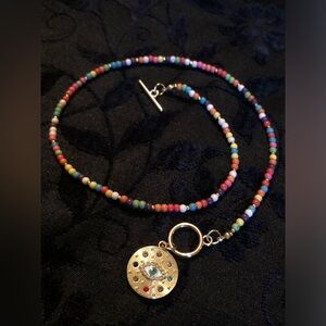 Evil Eye Coin Pendant Multi Colored Bead Choker Toggle Closure 16” NEW